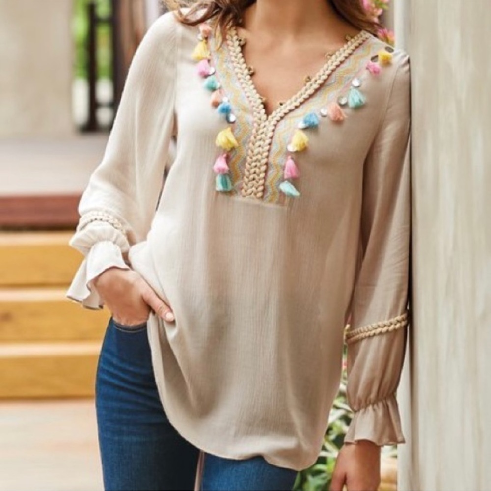 Soft Surroundings Clementine Tassel Tunic Top Womens Large Boho Beachy Gauze